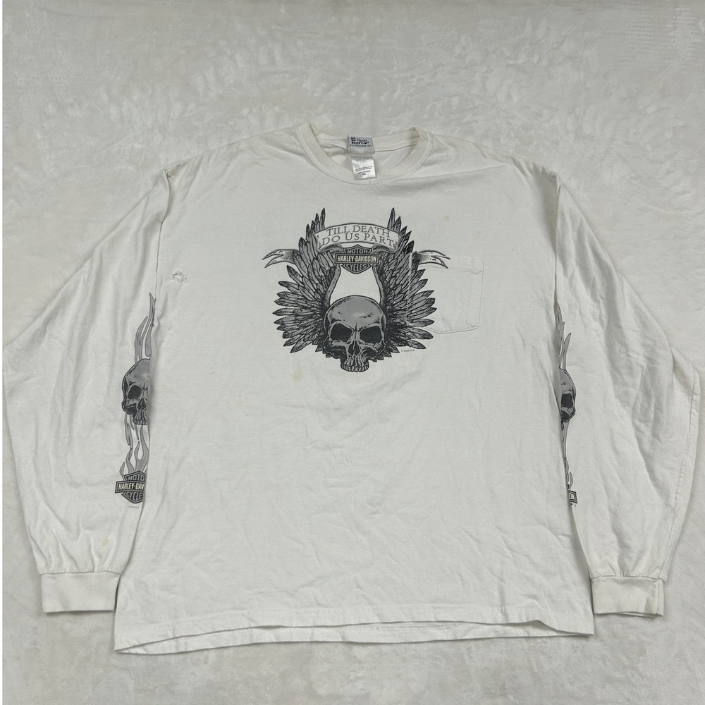 Harley Davidson Long Sleeve Shirt Mens 2XL White Till Death Do Us Part Skull